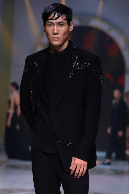 Neeta Lulla Black Textured Embroidered Jacket Set 