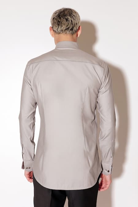 Shop_Sahil Aneja_Grey Cotton Embroidery Lines Scribble Print Shirt _at_Aza_Fashions