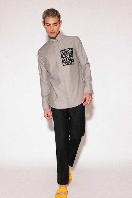 Sahil Aneja_Grey Cotton Embroidery Lines Scribble Print Shirt _Online_at_Aza_Fashions