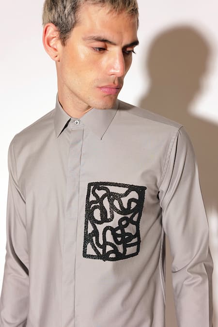 Buy_Sahil Aneja_Grey Cotton Embroidery Lines Scribble Print Shirt _Online_at_Aza_Fashions