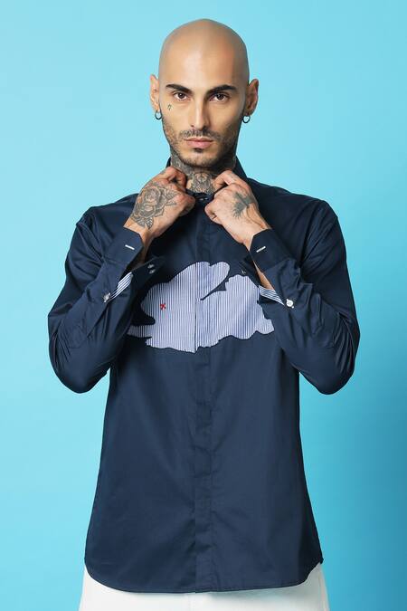 Sahil Aneja_Blue Cotton Patchwork Striped Bunny Work Shirt_Online_at_Aza_Fashions