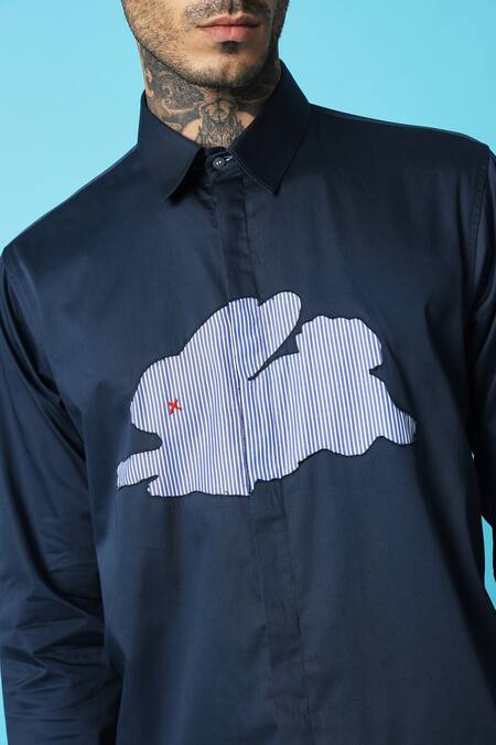 Buy_Sahil Aneja_Blue Cotton Patchwork Striped Bunny Work Shirt_Online_at_Aza_Fashions