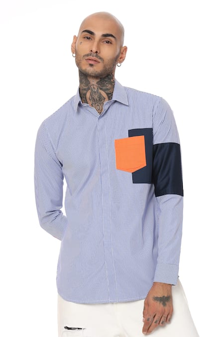 Sahil Aneja_Blue Cotton Patch Work Striped Shirt_Online_at_Aza_Fashions