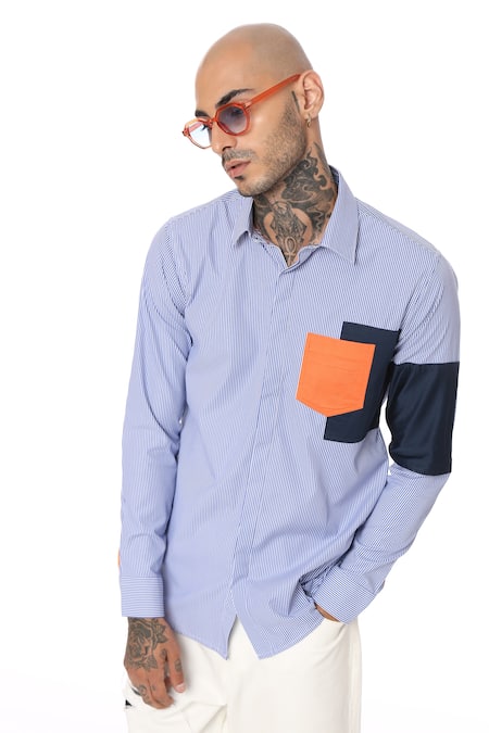 Buy_Sahil Aneja_Blue Cotton Patch Work Striped Shirt_Online_at_Aza_Fashions