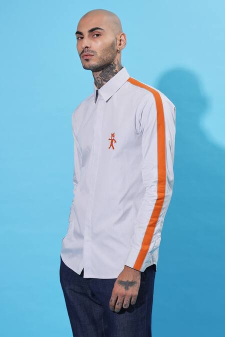 Shop Sahil Aneja Grey Cotton Patchwork Track Work Striped Shirt at Aza Fashions Shop_Sahil Aneja_Grey Cotton Patchwork Track Work Striped Shirt_at_Aza_Fashions