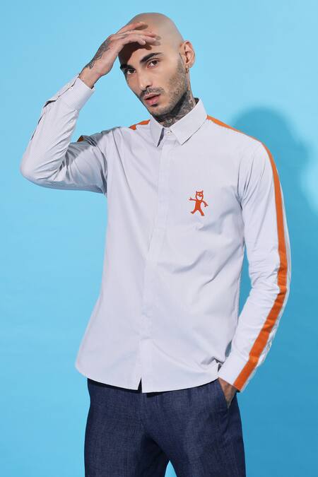 Sahil Aneja Grey Cotton Patchwork Track Work Striped Shirt Online at Aza Fashions Sahil Aneja_Grey Cotton Patchwork Track Work Striped Shirt_Online_at_Aza_Fashions