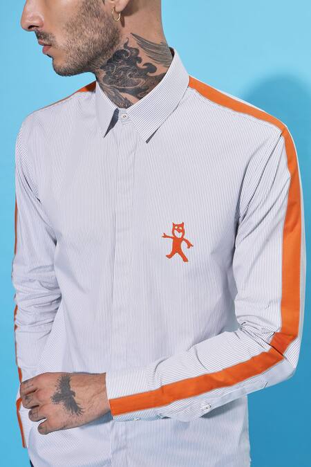 Buy Sahil Aneja Grey Cotton Patchwork Track Work Striped Shirt Online at Aza Fashions Buy_Sahil Aneja_Grey Cotton Patchwork Track Work Striped Shirt_Online_at_Aza_Fashions