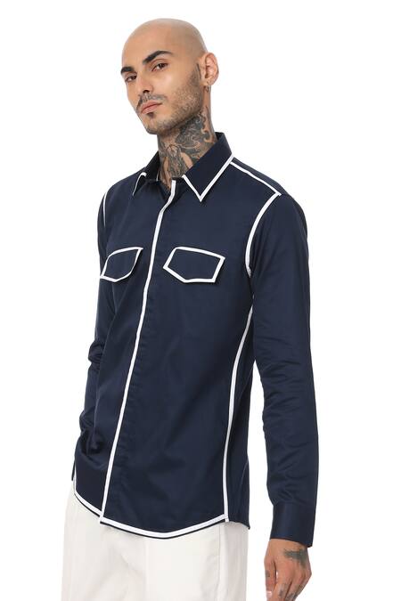 Sahil Aneja_Blue Cotton Piping Contrast Outline Shirt_Online_at_Aza_Fashions