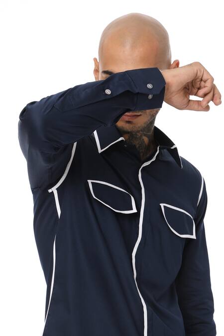 Buy_Sahil Aneja_Blue Cotton Piping Contrast Outline Shirt_Online_at_Aza_Fashions