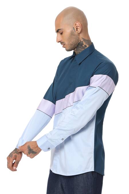 Sahil Aneja_Multi Color Cotton Slide Diagonal Block Shirt_Online_at_Aza_Fashions