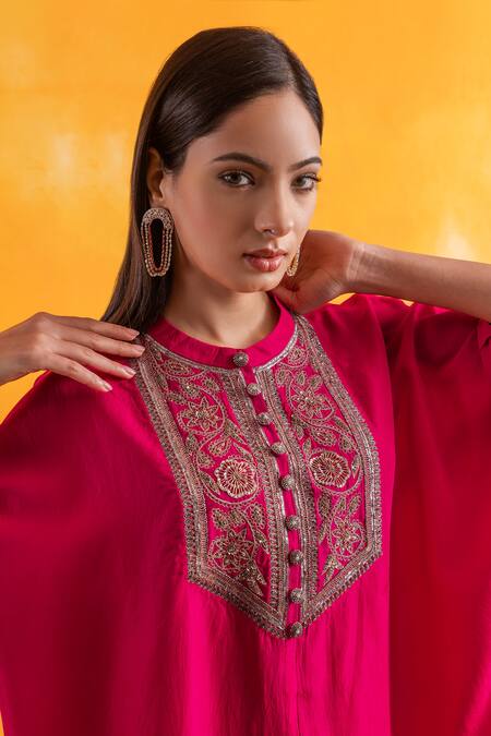 Buy Pairaahan Pink Silk, Cotton Embroidery Round Neck Petunia Bloom Kaftan With Pant Buy_Pairaahan_Pink Silk, Cotton Embroidery Round Neck Petunia Bloom Kaftan With Pant