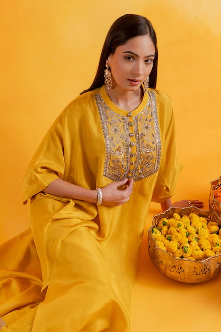 Pairaahan Yellow Silk, Cotton Embroidery Round Neck Dahlia Bloom Kaftan With Pant Online at Aza Fashions Pairaahan_Yellow Silk, Cotton Embroidery Round Neck Dahlia Bloom Kaftan With Pant_Online_at_Aza_Fashions