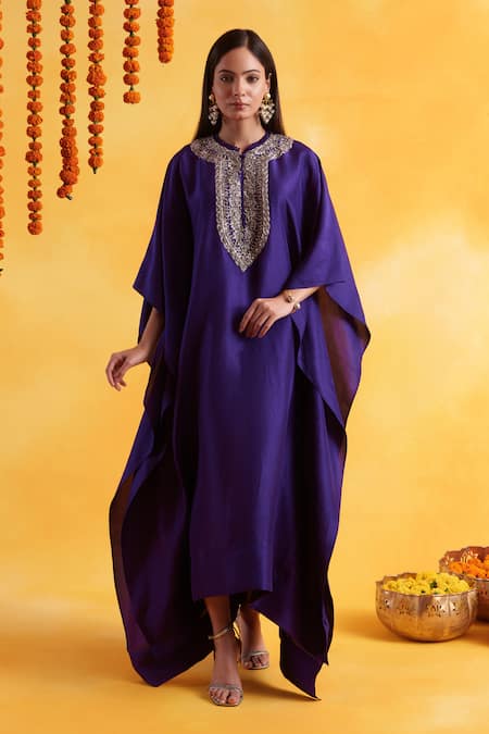Pairaahan Purple Premium Silk Embroidery Floral Round Bloom Garden Yoke Kaftan 