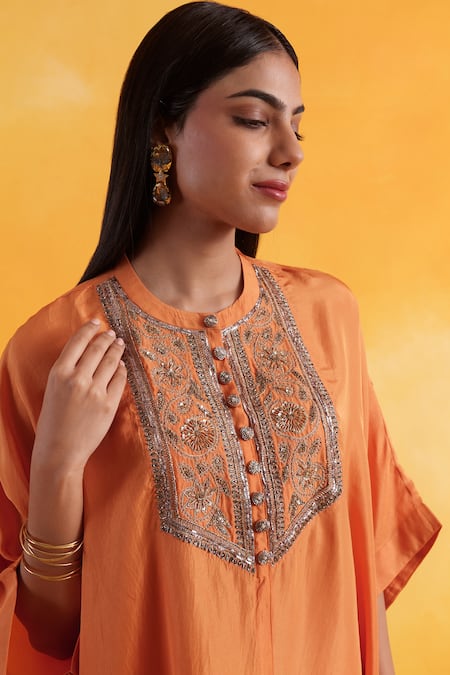 Pairaahan_Orange Silk, Cotton Embroidery Round Neck Peony Bloom Kaftan With Pant_Online_at_Aza_Fashions