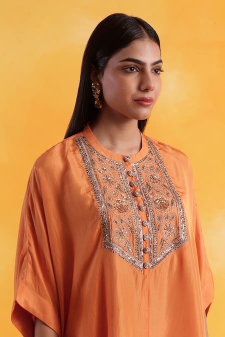 Buy_Pairaahan_Orange Silk, Cotton Embroidery Round Neck Peony Bloom Kaftan With Pant_Online_at_Aza_Fashions