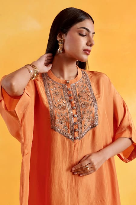 Shop_Pairaahan_Orange Silk, Cotton Embroidery Round Neck Peony Bloom Kaftan With Pant_Online_at_Aza_Fashions