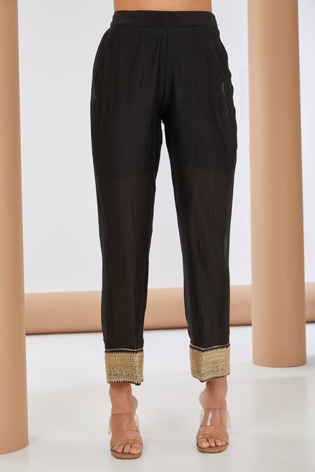 Neha Khullar_Black Silk, Linen, Embroidery, Angarkha Anarakali Pant Set _Online_at_Aza_Fashions