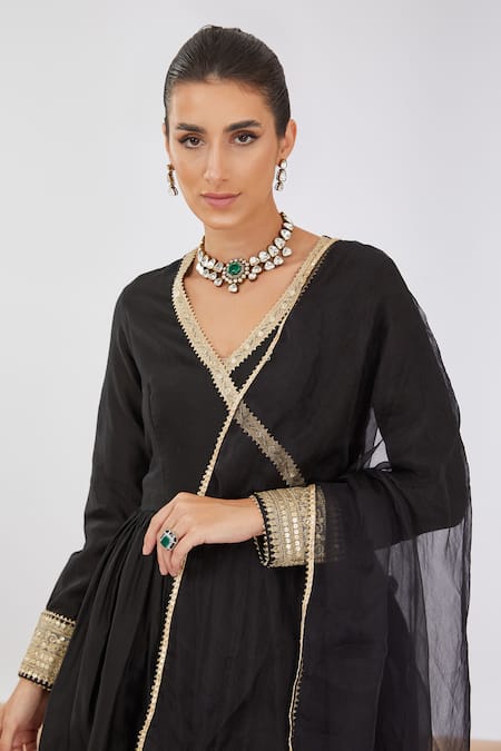 Buy_Neha Khullar_Black Silk, Linen, Embroidery, Angarkha Anarakali Pant Set _Online_at_Aza_Fashions