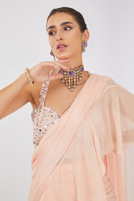 Buy Neha Khullar Peach Chiffon, Linen Beads, Mirrors Solid Pre Draped Ruffled Saree With Blouse Online at Aza Fashions Buy_Neha Khullar_Peach Chiffon, Linen Beads, Mirrors Solid Pre Draped Ruffled Saree With Blouse _Online_at_Aza_Fashions
