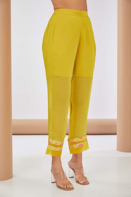 Buy Neha Khullar Yellow Georgette, Linen Split V-neck Floral Printed Kurta Pant Set Online at Aza Fashions Buy_Neha Khullar_Yellow Georgette, Linen Split V-neck Floral Printed Kurta Pant Set _Online_at_Aza_Fashions