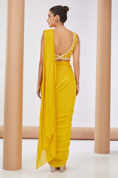 Neha Khullar Solid Pre Draped Saree With Embellished Blouse 