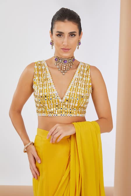 Neha Khullar_Yellow Chiffon, Linen Sequins, Solid Pre Draped Saree With Embellished Blouse _Online_at_Aza_Fashions