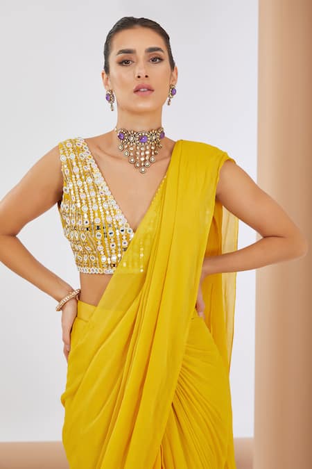 Buy_Neha Khullar_Yellow Chiffon, Linen Sequins, Solid Pre Draped Saree With Embellished Blouse _Online_at_Aza_Fashions