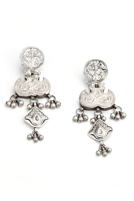 Sangeeta Boochra_Silver Plated Beads, Cut Work Tribal Carved Dangler Earrings _Online_at_Aza_Fashions