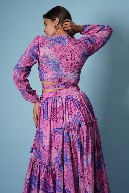 Shop_Vana Ethnics_Fuchsia Georgette, Linen V-neck Printed Tiered Lehenga And Blouse Set _Online_at_Aza_Fashions