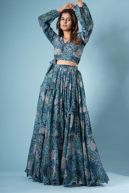 Vana Ethnics_Blue Georgette, Linen Embroidery Paisley Print Tiered Lehenga And Blouse Set _Online_at_Aza_Fashions