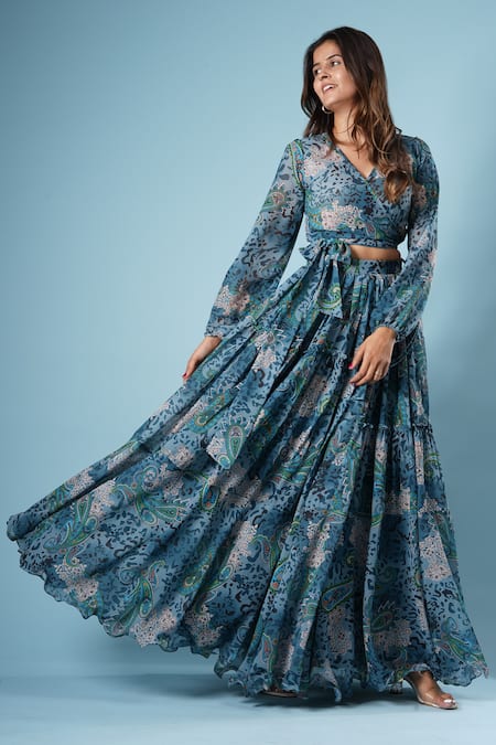 Buy_Vana Ethnics_Blue Georgette, Linen Embroidery Paisley Print Tiered Lehenga And Blouse Set _Online_at_Aza_Fashions