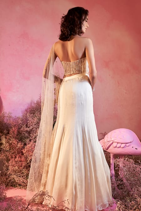 Parul Gandhi Chaand Leaf Blade Embroidered Lehenga Saree With Corset Blouse 