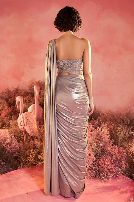 Parul Gandhi Crystal Metallic Pre-Draped Saree With Corset Blouse 