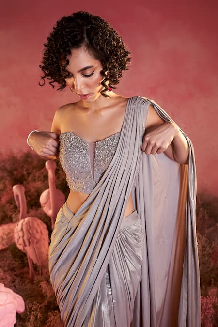 Parul Gandhi_Silver Lycra Sequins, Beads Crystal Metallic Pre-draped Saree With Corset Blouse _Online_at_Aza_Fashions