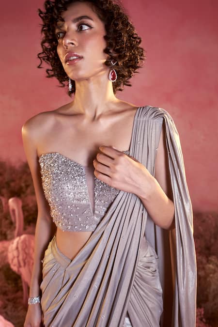 Buy_Parul Gandhi_Silver Lycra Sequins, Beads Crystal Metallic Pre-draped Saree With Corset Blouse _Online_at_Aza_Fashions