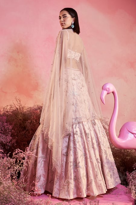 Shop Parul Gandhi Pink Crepe, Net Sequins, Beads, Pearls Square Flamingo Embroidered Lehenga Set at Aza Fashions Shop_Parul Gandhi_Pink Crepe, Net Sequins, Beads, Pearls Square Flamingo Embroidered Lehenga Set _at_Aza_Fashions