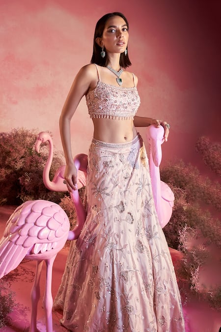 Parul Gandhi Pink Crepe, Net Sequins, Beads, Pearls Square Flamingo Embroidered Lehenga Set Online at Aza Fashions Parul Gandhi_Pink Crepe, Net Sequins, Beads, Pearls Square Flamingo Embroidered Lehenga Set _Online_at_Aza_Fashions