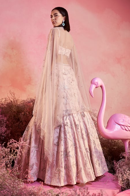 Shop Parul Gandhi Pink Crepe, Net Sequins, Beads, Pearls Square Flamingo Embroidered Lehenga Set Online at Aza Fashions Shop_Parul Gandhi_Pink Crepe, Net Sequins, Beads, Pearls Square Flamingo Embroidered Lehenga Set _Online_at_Aza_Fashions
