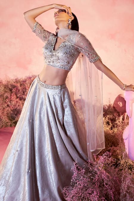 Parul Gandhi Grey Silk, Net Sequins, Beads, Cut Gleam Bloom Embroidered Bridal Lehenga Set Online at Aza Fashions Parul Gandhi_Grey Silk, Net Sequins, Beads, Cut Gleam Bloom Embroidered Bridal Lehenga Set _Online_at_Aza_Fashions