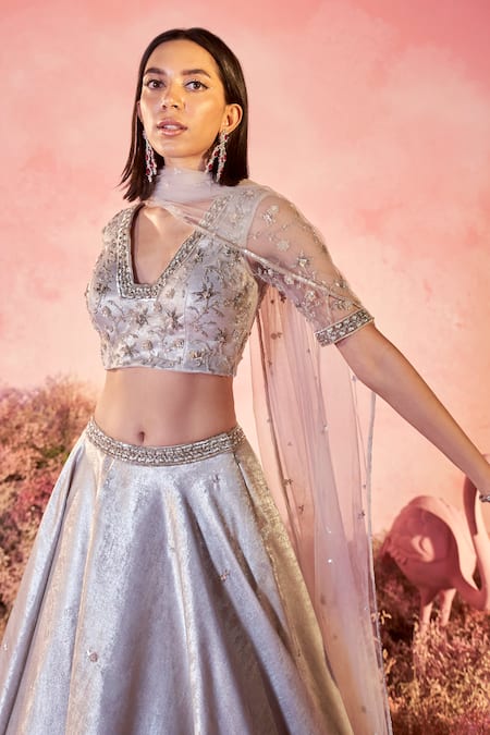 Buy Parul Gandhi Grey Silk, Net Sequins, Beads, Cut Gleam Bloom Embroidered Bridal Lehenga Set Online at Aza Fashions Buy_Parul Gandhi_Grey Silk, Net Sequins, Beads, Cut Gleam Bloom Embroidered Bridal Lehenga Set _Online_at_Aza_Fashions