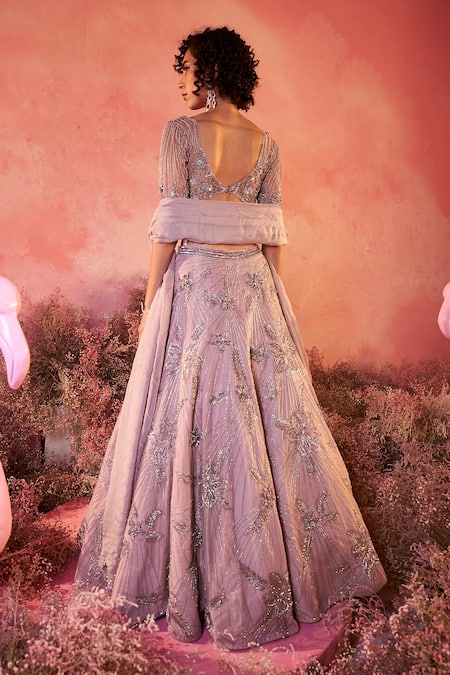 Shop Parul Gandhi Purple Net, Crepe, Chiffon Gul 3d Blossom Embroidered Bridal Lehenga Set at Aza Fashions Shop_Parul Gandhi_Purple Net, Crepe, Chiffon Gul 3d Blossom Embroidered Bridal Lehenga Set _at_Aza_Fashions