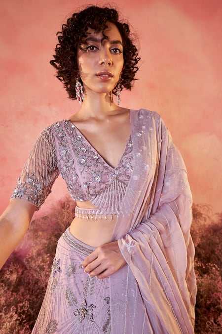 Parul Gandhi Purple Net, Crepe, Chiffon Gul 3d Blossom Embroidered Bridal Lehenga Set Online at Aza Fashions Parul Gandhi_Purple Net, Crepe, Chiffon Gul 3d Blossom Embroidered Bridal Lehenga Set _Online_at_Aza_Fashions