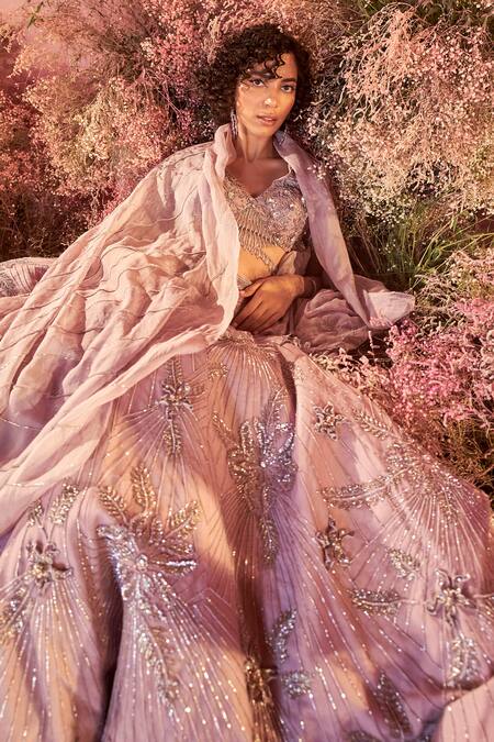 Buy Parul Gandhi Purple Net, Crepe, Chiffon Gul 3d Blossom Embroidered Bridal Lehenga Set Online at Aza Fashions Buy_Parul Gandhi_Purple Net, Crepe, Chiffon Gul 3d Blossom Embroidered Bridal Lehenga Set _Online_at_Aza_Fashions