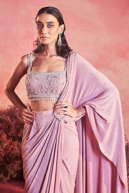Parul Gandhi_Pink Lycra Sequins, Gulaab Textured Pre-draped Saree With Embroidered Blouse _Online_at_Aza_Fashions