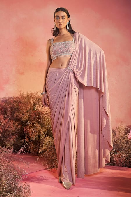 Buy_Parul Gandhi_Pink Lycra Sequins, Gulaab Textured Pre-draped Saree With Embroidered Blouse _Online_at_Aza_Fashions