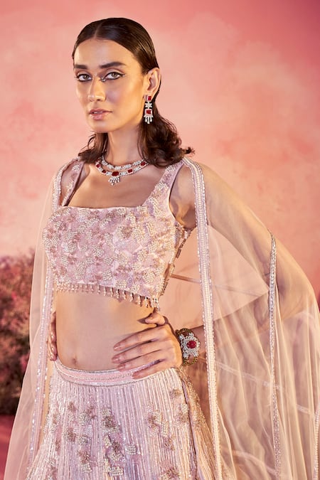 Parul Gandhi_Pink Net, Crepe Sequins, Beads, Minar Geometric Embellished Bridal Lehenga Set _Online_at_Aza_Fashions