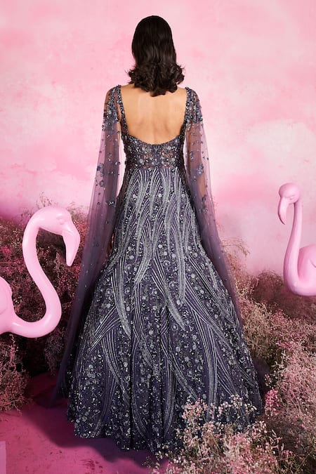 Parul Gandhi Deep Purple Embellished Cape Sleeve Gown 