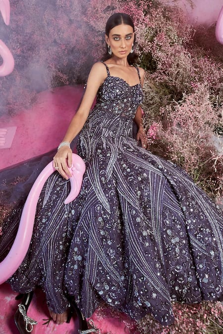 Parul Gandhi_Purple Net, Crepe Sequins, Beads, Crystals Deep Embellished Cape Sleeve Gown _Online_at_Aza_Fashions