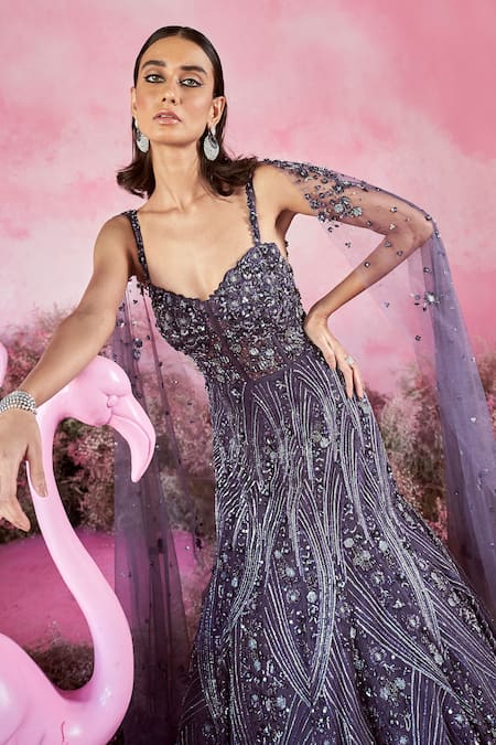 Buy_Parul Gandhi_Purple Net, Crepe Sequins, Beads, Crystals Deep Embellished Cape Sleeve Gown _Online_at_Aza_Fashions