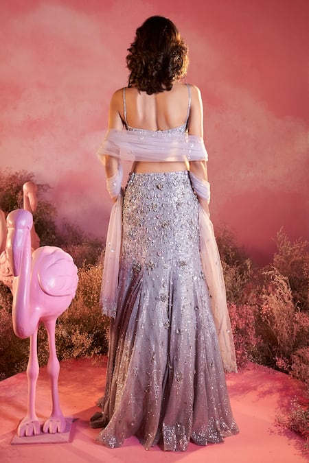 Shop Parul Gandhi Grey Silk, Satin Sequins, Beads, Myra 3d Bloom Noir Glitch Bridal Lehenga Set at Aza Fashions Shop_Parul Gandhi_Grey Silk, Satin Sequins, Beads, Myra 3d Bloom Noir Glitch Bridal Lehenga Set _at_Aza_Fashions